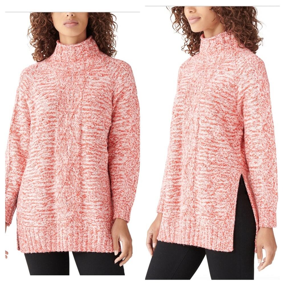NEW Lucky Brand Sweater Mock Neck Cable Knit Red/White Tunic Oversized XS